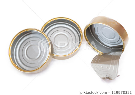 Three Opened Empty Tin Cans Isolated on White Background Three Opened Empty Tin Cans Isolated on White Background 119978331