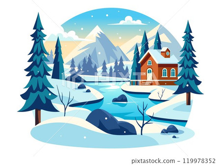 Charming Winter Village Vector Illustration featuring Cozy Houses in a Scenic Snowy Mountain Landscape, with a Serene Nature Setting in a Background Charming Winter Village Vector Illustration featuring Cozy Houses in a Scenic Snowy Mountain Landscape, with a Serene Nature Setting in a Background 119978352