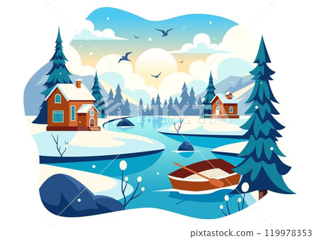 Charming Winter Village Vector Illustration featuring Cozy Houses in a Scenic Snowy Mountain Landscape, with a Serene Nature Setting in a Background Charming Winter Village Vector Illustration featuring Cozy Houses in a Scenic Snowy Mountain Landscape, with a Serene Nature Setting in a Background 119978353