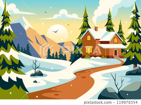 Charming Winter Village Vector Illustration featuring Cozy Houses in a Scenic Snowy Mountain Landscape, with a Serene Nature Setting in a Background Charming Winter Village Vector Illustration featuring Cozy Houses in a Scenic Snowy Mountain Landscape, with a Serene Nature Setting in a Background 119978354