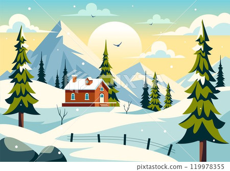 Charming Winter Village Vector Illustration featuring Cozy Houses in a Scenic Snowy Mountain Landscape, with a Serene Nature Setting in a Background Charming Winter Village Vector Illustration featuring Cozy Houses in a Scenic Snowy Mountain Landscape, with a Serene Nature Setting in a Background 119978355