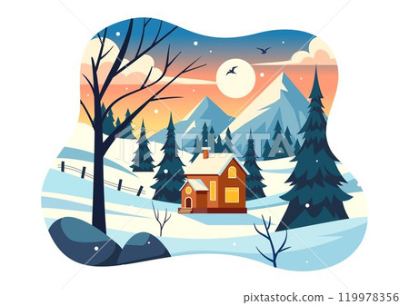 Charming Winter Village Vector Illustration featuring Cozy Houses in a Scenic Snowy Mountain Landscape, with a Serene Nature Setting in a Background Charming Winter Village Vector Illustration featuring Cozy Houses in a Scenic Snowy Mountain Landscape, with a Serene Nature Setting in a Background 119978356