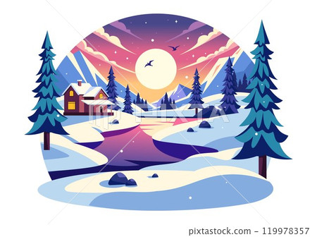 Charming Winter Village Vector Illustration featuring Cozy Houses in a Scenic Snowy Mountain Landscape, with a Serene Nature Setting in a Background Charming Winter Village Vector Illustration featuring Cozy Houses in a Scenic Snowy Mountain Landscape, with a Serene Nature Setting in a Background 119978357