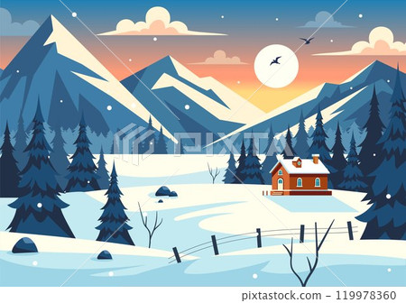 Charming Winter Village Vector Illustration featuring Cozy Houses in a Scenic Snowy Mountain Landscape, with a Serene Nature Setting in a Background 119978360