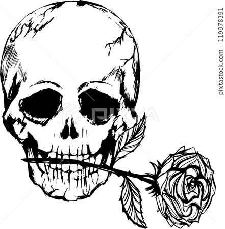 手繪古董設計的骷髏/骷髏標記，添加了玫瑰。 119978391