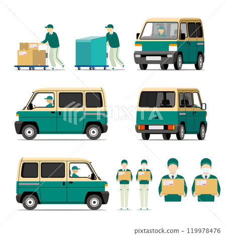 Delivery service, vehicle, minivan, minicar, trolley, staff, set 119978476