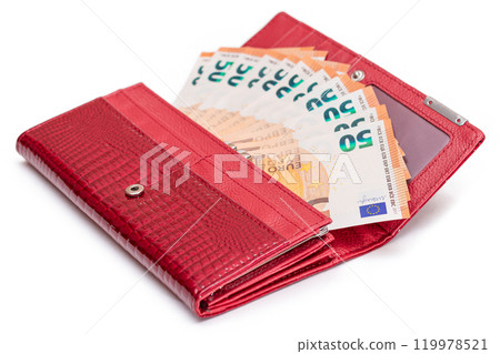 Opened Red Women Purse with 50 Euro Banknotes Inside - Isolated on White 119978521