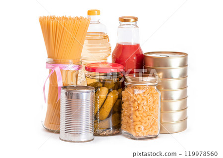 Food Reserves: Canned Food, Spaghetti, Pate, Tuna, Tomato Juice, Pasta, Fish and Grocery - Isolated Food Reserves: Canned Food, Spaghetti, Pate, Tuna, Tomato Juice, Pasta, Fish and Grocery - Isolated 119978560