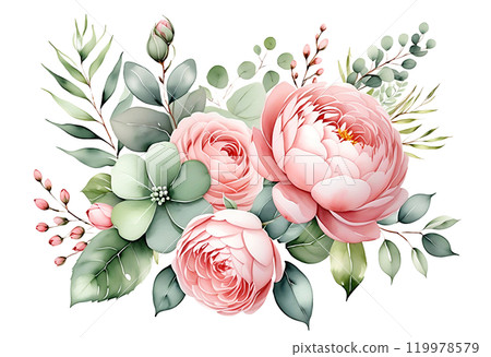 彩色花束（透明背景）png 的水彩插圖，帶有用於邀請函、賀卡、AI 生成的 alpha 通道 119978579