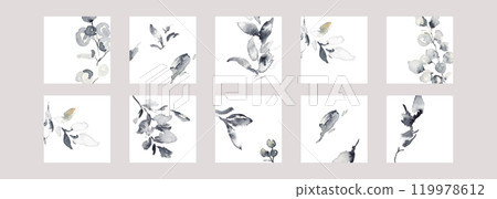Watercolor painting. Hand-drawn plants with a watercolor touch. Monochrome plant illustration with a hotel-like image. Greige leaf illustration Watercolor painting. Hand-drawn plants with a watercolor touch. Monochrome plant illustration with a hotel-like image. Greige leaf illustration 119978612