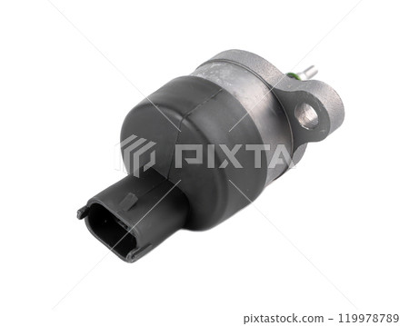 New rail fuel pressure sensor on white background close up 119978789