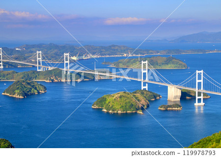 View from Kirosan Observatory Park and the Kurushima Kaikyo Bridge (Imabari City, Ehime Prefecture) 119978793