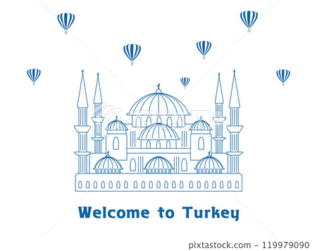 土耳其旅遊形象、清真寺和氣球的線條畫插圖 土耳其旅遊形象、清真寺和氣球的線條畫插圖 119979090