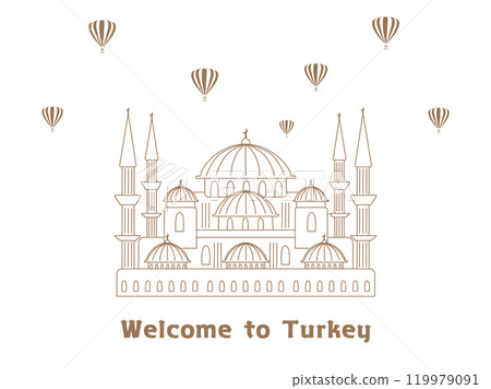 Turkey tourism image, line drawing illustration of a mosque and a balloon 119979091