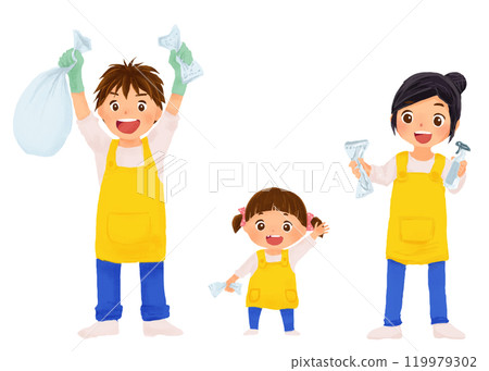 穿著圍裙進行家庭清潔的插圖:父母和孩子 穿著圍裙進行家庭清潔的插圖:父母和孩子 119979302