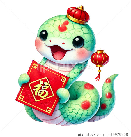 Cartoon snake character holding a lucky red envelope. Chinese New Year theme Cartoon snake character holding a lucky red envelope. Chinese New Year theme 119979308