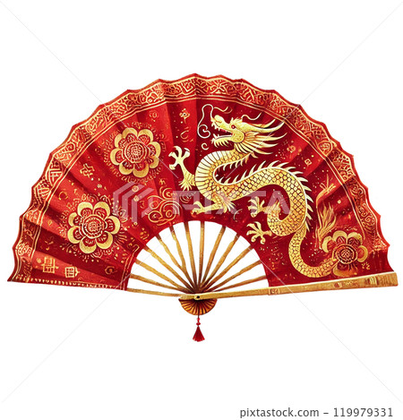 Dragon-themed red fan, intricate design, Chinese New Year theme 119979331