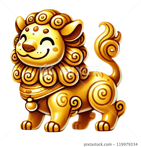 Golden lion character, cheerful expression, Chinese New Year theme 119979334