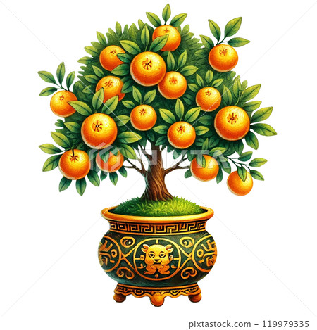 Orange tree in decorated pot, vibrant leaves and fruits. Chinese New Year theme 119979335