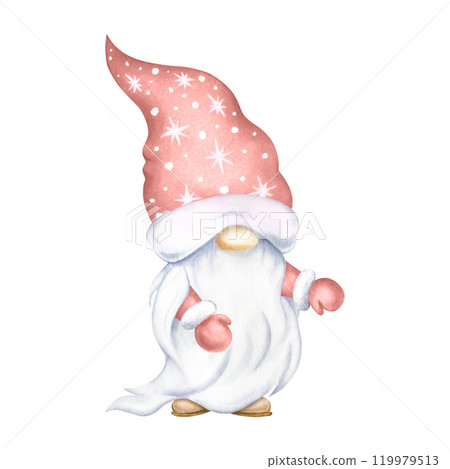 Christmas gnome in red hat and mittens with white beard watercolor isolated illustration. Hand drawn festive character for Happy New Year greeting cards template, stickers, festive packaging, designs. 119979513