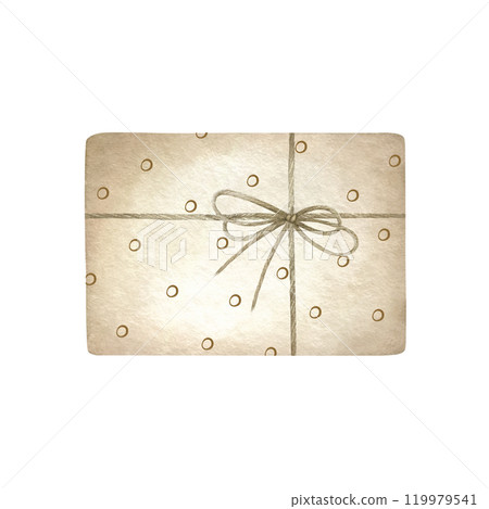 Gift box beige in polka dot colors tied with twine. Hand drawn watercolor isolated illustration for decoration, designs, birthday greeting cards and decors, compositions and festive packaging. Gift box beige in polka dot colors tied with twine. Hand drawn watercolor isolated illustration for decoration, designs, birthday greeting cards and decors, compositions and festive packaging. 119979541