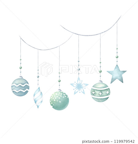 Christmas glass tree balls in green and blue colors with variety of white, with bead pendants. Hand drawn festive garland. Watercolor isolated illustration for New year greeting cards and designs. Christmas glass tree balls in green and blue colors with variety of white, with bead pendants. Hand drawn festive garland. Watercolor isolated illustration for New year greeting cards and designs. 119979542