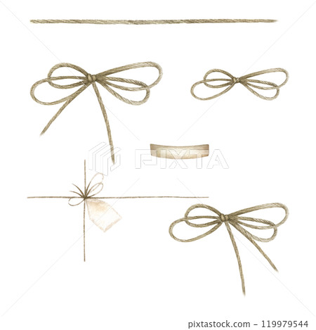 Twine, bows, ropes and ribbon for gift wrapping in brown colors isolated on white. Hand drawn watercolor illustration set of jute cord, thread. For decoration of flower bouquets and festive packaging. Twine, bows, ropes and ribbon for gift wrapping in brown colors isolated on white. Hand drawn watercolor illustration set of jute cord, thread. For decoration of flower bouquets and festive packaging. 119979544