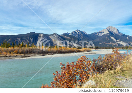 Scenic view to a mountain river with turquoise waters in fall season, yellow and orange leaf colour. Athabasca river, Alberta, Canada. 119979619