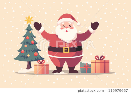 Happy Santa claus standing with gift boxes and christmas tree. Cartoon character 119979667