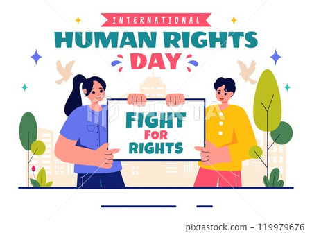 International Human Rights Day Vector Illustration on December 10 Featuring Diverse People Breaking Chains for Unity, Freedom, and Peace in Background 119979676