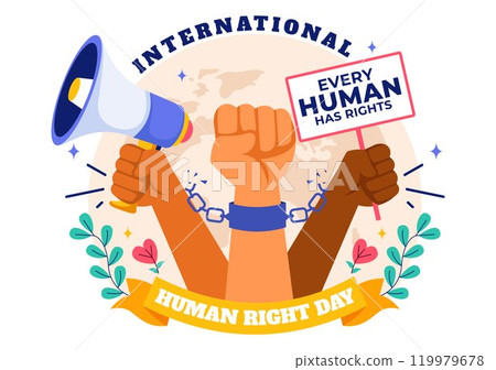 International Human Rights Day Vector Illustration on December 10 Featuring Diverse People Breaking Chains for Unity, Freedom, and Peace in Background 119979678