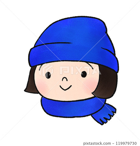 Hand-drawn illustration of a girl wearing a blue knitted hat and scarf Hand-drawn illustration of a girl wearing a blue knitted hat and scarf 119979730