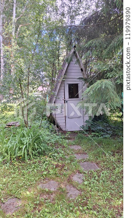 Cozy wooden bio toilet with A-shaped frame in a lush forest landscape 119979890
