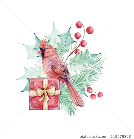 Watercolor Christmas bird red cardinal, berries, gift box, poinsettia flowers bouquet with holly green leaves. Arrangement with brunch. Symbol of Christmas. Winter holiday decoration in retro, vintage Watercolor Christmas bird red cardinal, berries, gift box, poinsettia flowers bouquet with holly green leaves. Arrangement with brunch. Symbol of Christmas. Winter holiday decoration in retro, vintage 119979898