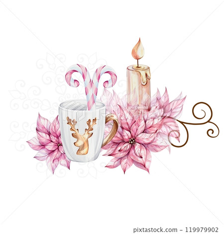 Watercolor Christmas white mug with gold reindeer with openwork snowflake, isolated. Candy cane, candle, poinsettia flowers. Noel. Border, elements for new year greeting cards, invitation, poster 119979902