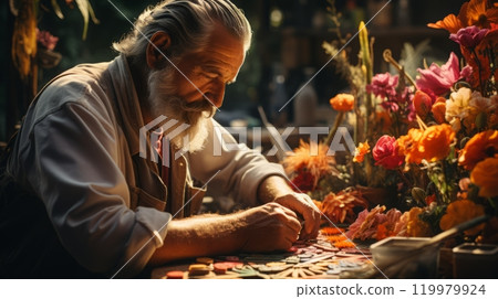 Elderly artisan crafting with vibrant flowers in sunlit workshop 119979924