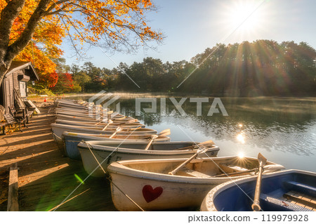 Fukushima Prefecture: Lake Bishamon in full autumn color at Goshiki-numa Lake Fukushima Prefecture: Lake Bishamon in full autumn color at Goshiki-numa Lake 119979928