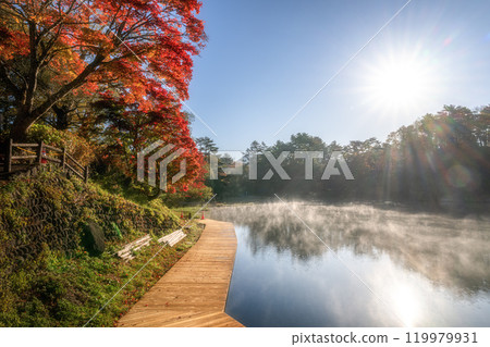 Fukushima Prefecture: Lake Bishamon in full autumn color at Goshiki-numa Lake Fukushima Prefecture: Lake Bishamon in full autumn color at Goshiki-numa Lake 119979931