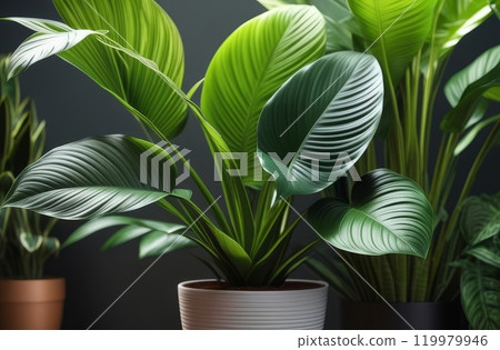 Lush green indoor plants in stylish white and black pots under soft lighting Lush green indoor plants in stylish white and black pots under soft lighting 119979946