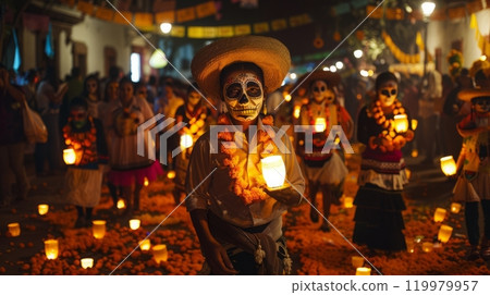 Vibrant dia de los muertos celebration with marigolds and illuminated lanterns at night 119979957