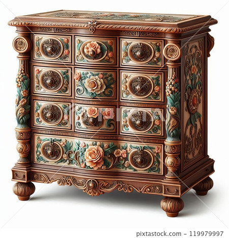 Ornate antique chest with intricate floral carvings and vintage wooden design Ornate antique chest with intricate floral carvings and vintage wooden design 119979997