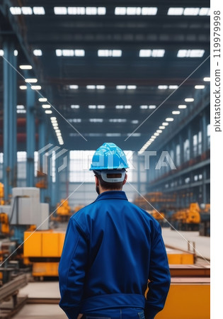 Engineer in blue uniform observing industrial warehouse with machinery equipment Engineer in blue uniform observing industrial warehouse with machinery equipment 119979998