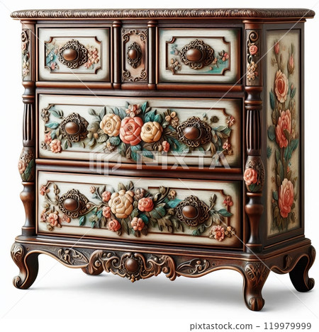 Vintage floral hand-painted dresser with intricate woodwork design Vintage floral hand-painted dresser with intricate woodwork design 119979999