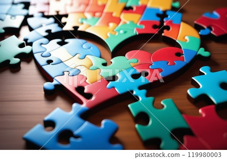 Colorful heart-shaped jigsaw puzzle pieces on wooden table close-up 119980003
