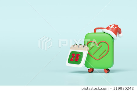 3d suitcase with calendar on December 25th, santa hat isolated on blue background. merry christmas and festive new year holiday travel concept, 3d illustration render 3d suitcase with calendar on December 25th, santa hat isolated on blue background. merry christmas and festive new year holiday travel concept, 3d illustration render 119980248
