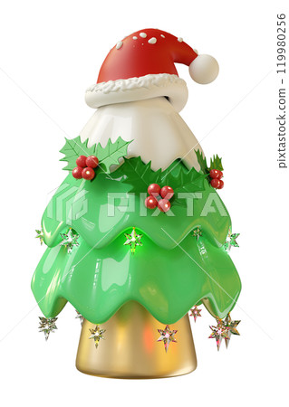 3d santa claus hat on christmas tree with snow, ornaments isolated. merry christmas and festive new year concept, 3d illustration render 119980256