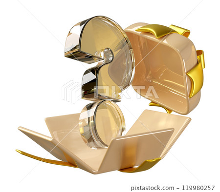 3d transparent question mark symbol icon with open gift box isolated. FAQ or frequently asked questions, merry christmas and festive new year concept, 3d illustration render 119980257