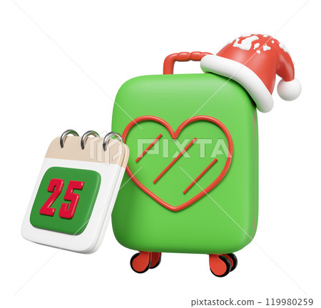 3d suitcase with calendar on December 25th, santa hat isolated. merry christmas and festive new year holiday travel concept, 3d illustration render 119980259