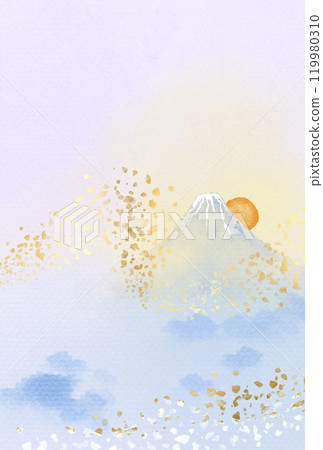 富士山清新風景和早晨陽光的水彩背景插圖以及日式金箔圖像 119980310