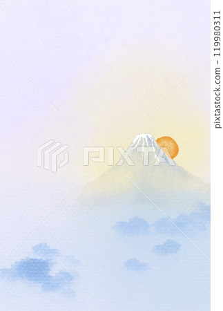 Watercolor background illustration of a refreshing and mysterious landscape of Mt. Fuji and the morning sun 119980311